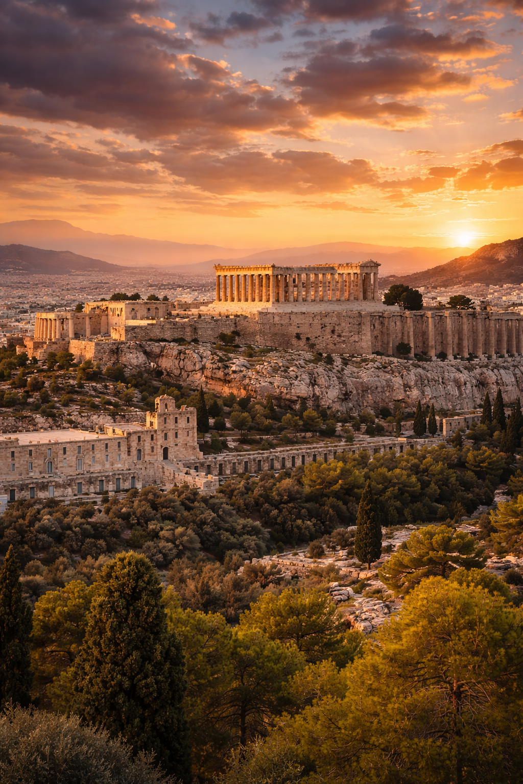 Acropolis of Athens at sunset with the Parthenon overlooking the city