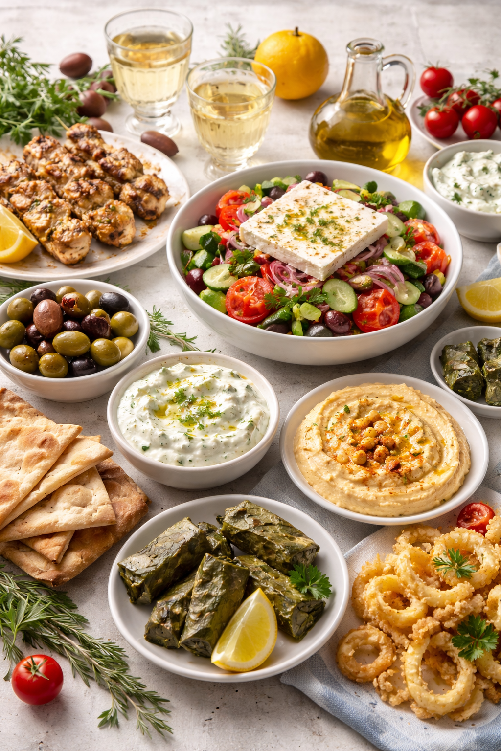 Traditional Greek Mediterranean food with fresh vegetables, olive oil, feta cheese and simple healthy dishes