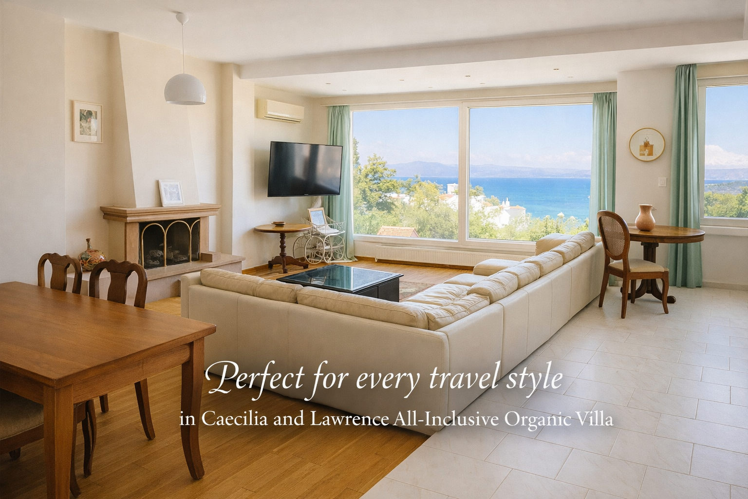 Living room with sea view at Caecilia and Lawrence Villa in Chalkida Greece, showcasing a bright and elegant all-inclusive organic vacation home suitable for every travel style