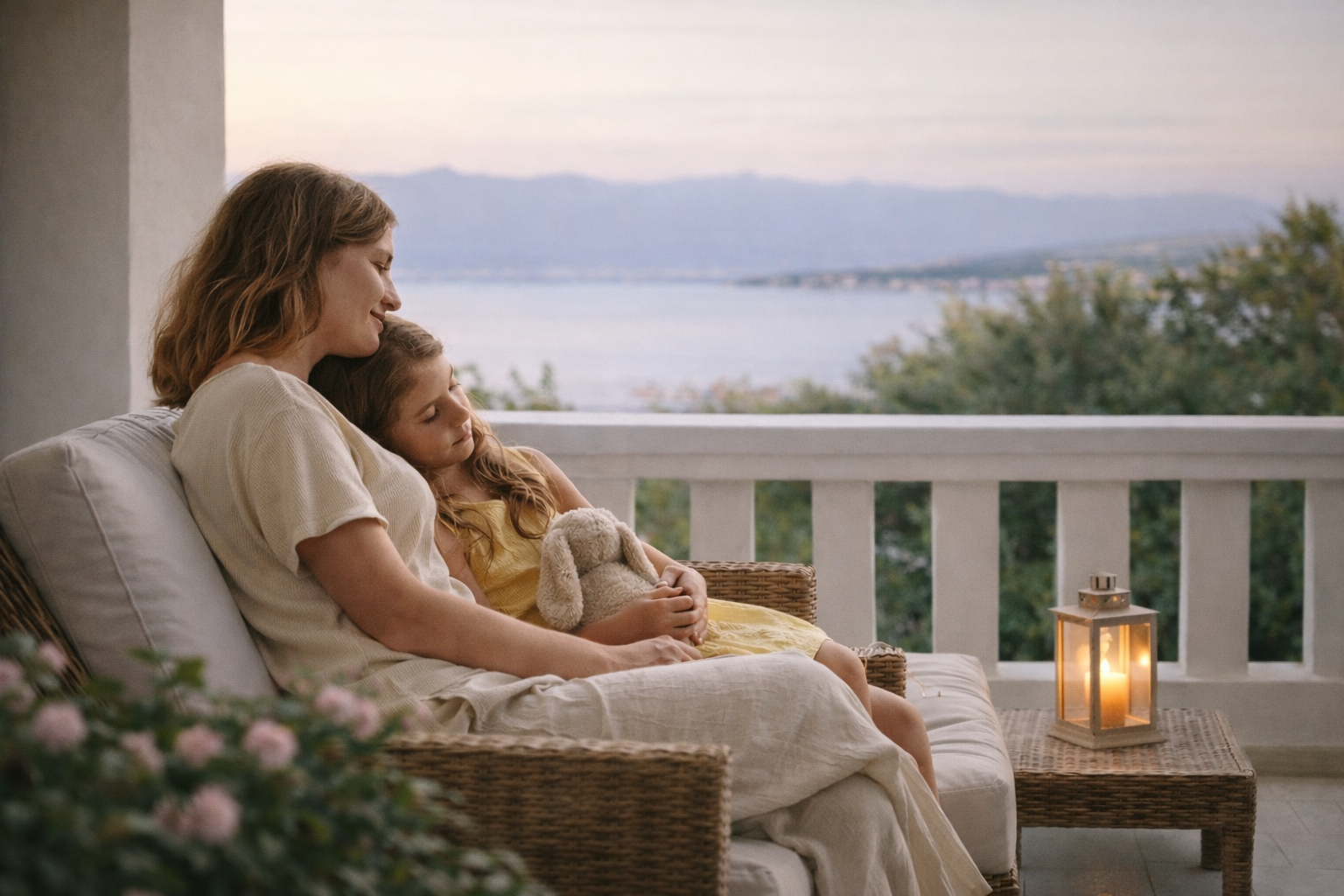 Calm and safe family moment at Caecilia & Lawrence Villa in Chalkida, overlooking the sea, offering comfort, privacy and emotional relaxation.